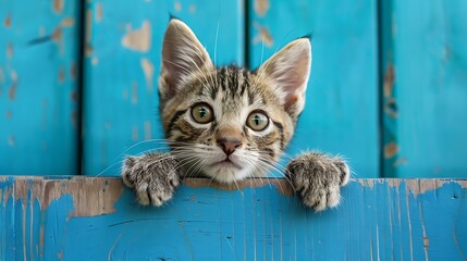 Kitten head with paws up peeking over blue wooden background. Generative Ai