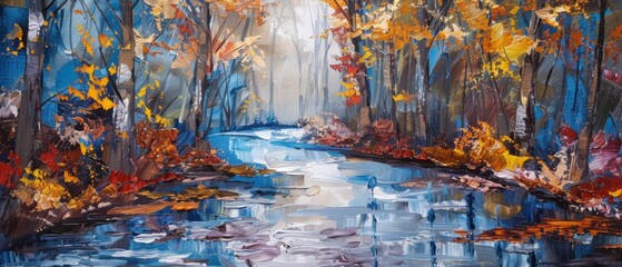 Enchanted Autumn Forest: A Vibrant Palette of Fall Colors Reflecting in a Tranquil Stream