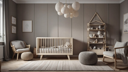 Scandinavian-inspired nursery with neutral tones. D rendering.