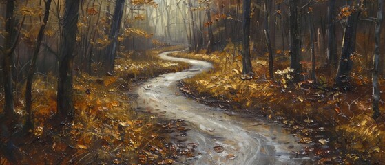 Fototapeta premium Golden Autumn Pathway: A Serene Walk Through the Enchanted Forest
