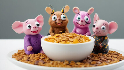 bee mole pig as puppets sitting around a white bowl having granola breakfast..