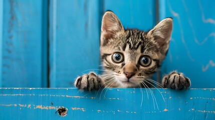 Kitten head with paws up peeking over blue wooden background. Generative Ai