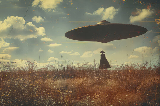 A flying saucer hovers over a field. A black figure of a person is walking across the field. Old vintage photograph. Aliens on Earth. Generative AI.