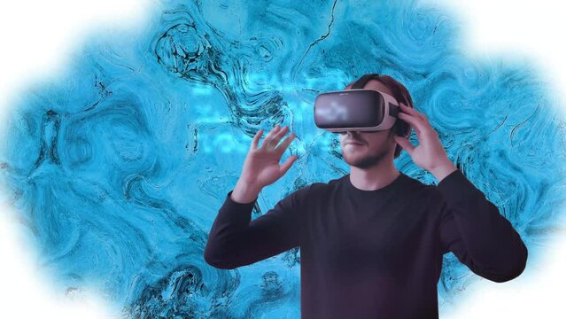 Man wearing VR headset in future