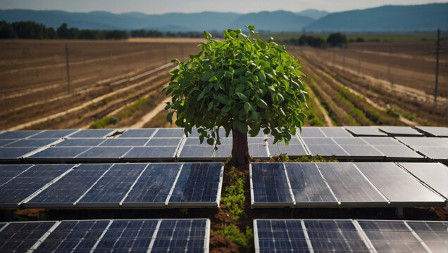 Sprouting tree surrounded by solar panels, a powerful image of renewable growth.