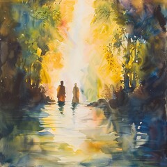 Walking in the Light A Painting of Two People in a River Generative AI