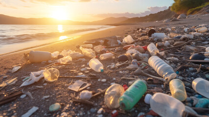 Sunset view of a beach polluted with plastic bottles and trash.