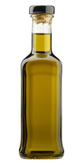 petite bouteille en verre détourée contenant de l'huile d'olive vierge artisanale première pression à froid labellisée bio - fond transparent