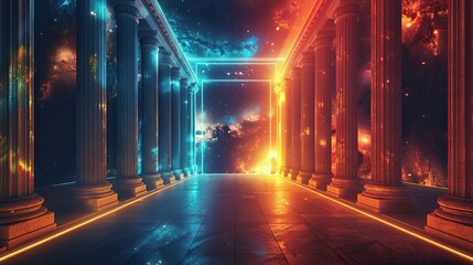A digitally created sci-fi corridor with vibrant neon lights leading towards a bright vanishing point.