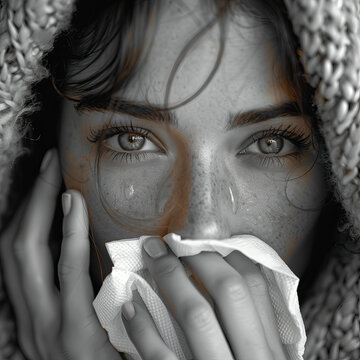 Chica joven melanc&oacute;lica, triste, sorprendida, con l&aacute;grimas en los ojos, escala de grises, con una mano en la cara, sujetando un pa&ntilde;uelo, tapando la boca, con gorro, expresi&oacute;n emocional, primer plano