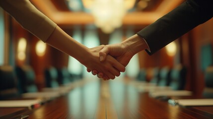 A confident businesswoman's hand confidently giving a firm handshake in a well-lit boardroom - obrazy, fototapety, plakaty