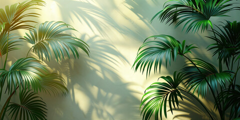 Marco de palmas verdes, vista frontal, primavera, verano foto jardín, cremas, verdes, muro sombreado, siluetas de las hojas, cálido - obrazy, fototapety, plakaty