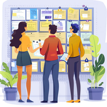 Ilustración de personas mirando un tablero de actividades, y tareas pendientes, equipos Agiles, resolución de objetivos prioritarios, programación y toma de desiciones