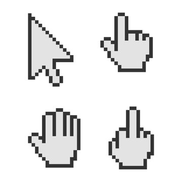 set of vector images of cursors and gestures. Set of pixel art style icons.