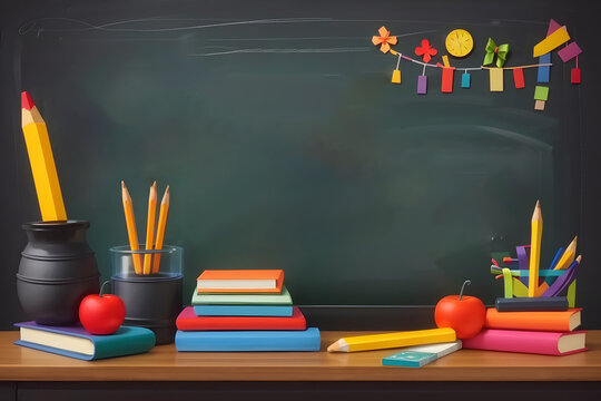 Happy Teachers Day, chalkboard, school ruler, pencil book design.