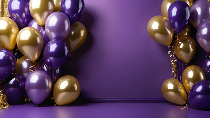 Fototapeta na wymiar purple golden balls. festive background. the text space. copy space. for postcards , banners, posters, advertisements