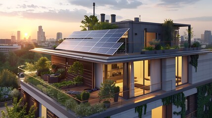 Modern eco friendly passive house with solar panels on rooftop. Home solar panel. Generative Ai