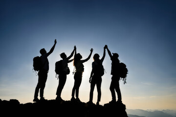 business. teamwork helping hand business travel silhouette concept. group team tourists lends helping hand climb cliffs mountains helping hand. teamwork people climbers climb top overcoming - obrazy, fototapety, plakaty