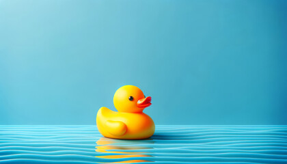 Classic yellow rubber duck on blue water against a solid blue background, a playful and minimalistic design concept. - obrazy, fototapety, plakaty