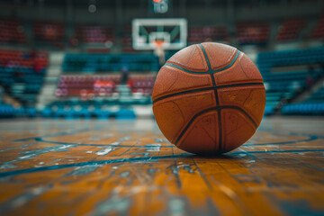 Basketball ready for play, arena setting with spectator seats in the distance