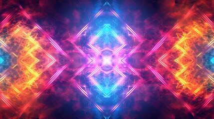 A digitally created sci-fi corridor with vibrant neon lights leading towards a bright vanishing point.