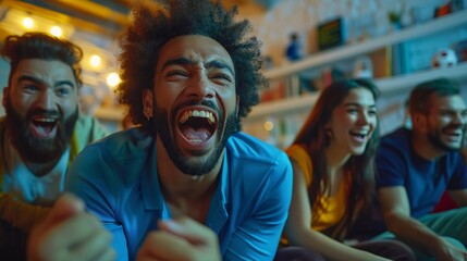 Excited friends watching football, celebrating goal in living room, joyful moment