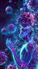 silhouette of a man with viruses around. close up of 3d microscopic blue bacteria and viruses