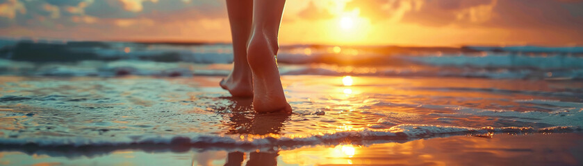 Low angle view of girls feet walking on beach at sunset, warm light caressing the sand