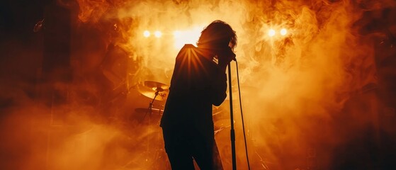 Live concert energy, silhouette of rock vocalist on stage, dramatic lighting, copy space