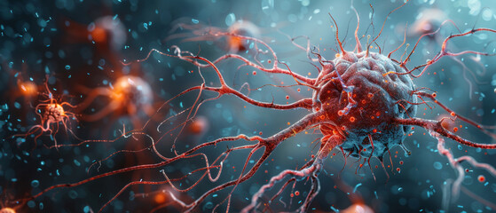 Medical illustration of cancer cell consuming brain tissue, high detail, educational - obrazy, fototapety, plakaty