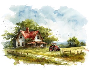 Idyllic farmhouse scene in watercolor, tractor parked out front, pastoral clipart - obrazy, fototapety, plakaty