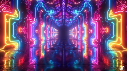 Obraz premium A digitally created sci-fi corridor with vibrant neon lights leading towards a bright vanishing point. 