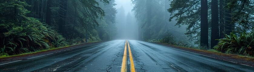 Northern straight highway veiled in fog, through towering Redwoods, serene path