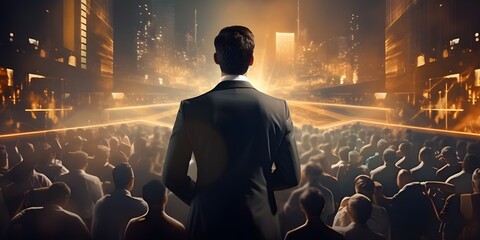 A suited man addressing a crowd, exuding confidence and authority. - obrazy, fototapety, plakaty
