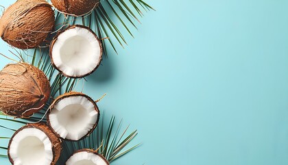 Coconuts and palm leaves isolated on light blue background top view flat lay. Summer composition...