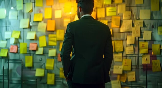 A businessman in detective mode analyzing sticky note connections on wall