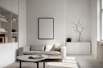 Mockup of frame for poster (Din A) in the living room interior. Modern Interior Design: Bright room with poster frame on gray wall. Laconic apartment design: light room with beige accents
