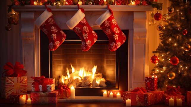 A red Christmas stocking hanging on the fireplace mantle in a beautifully decorated living room for the New Year and Christmas holidays.