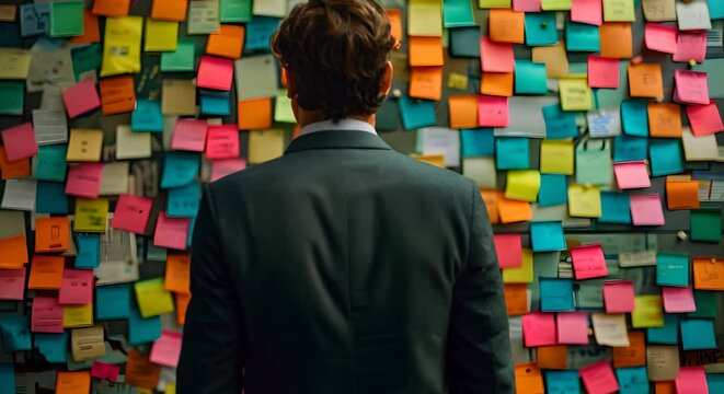 A professional businessman brainstorming ideas with sticky notes on wall. 