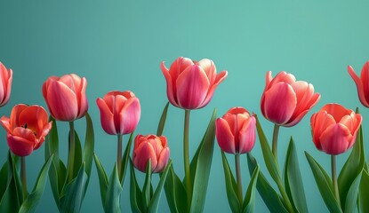 Vibrant Row of Red Tulips Against Lush Green Background and Clear Blue Sky