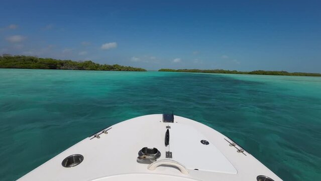 Pov Sailing From fishing Boat Looking Horizon los Roques wetland, Venezuela