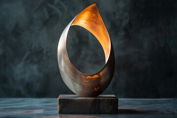 Craft an abstract award trophy with sleek, curved lines that gracefully intersect and converge, reflecting the concept of achievement and excellence against a backdrop of darkness 