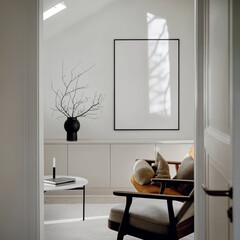 Mockup of frame for poster (Din A) in the living room interior. Modern Interior Design: Bright room with poster frame on gray wall.  Laconic apartment design: light room with beige accents