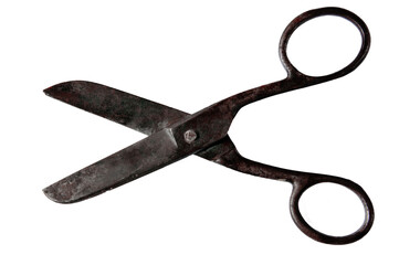 Vintage open scissors close up isolated on white background