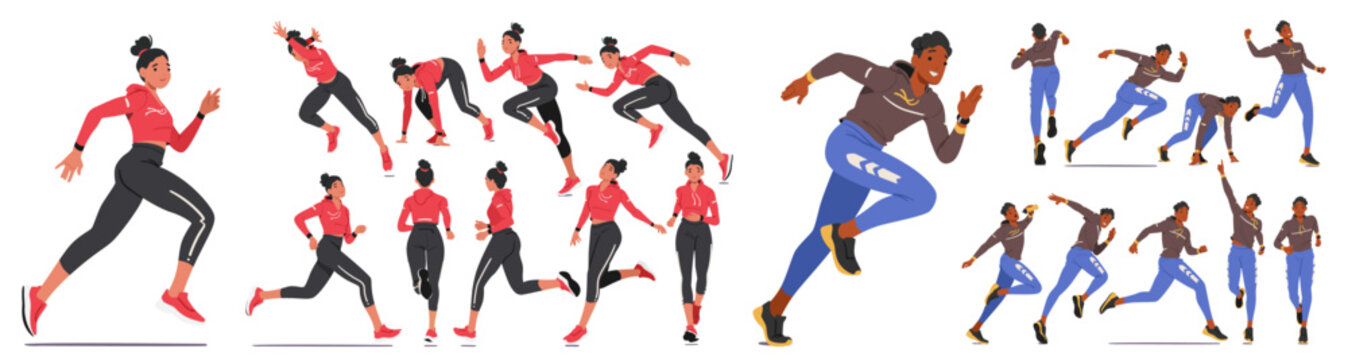Young Man And Woman, Runner Athlete Characters Stride, Their Bodies Angled Forward, Legs In Powerful Extension