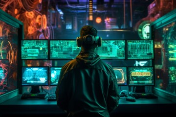 Cybersecurity Expert Monitoring Network Activity at Night