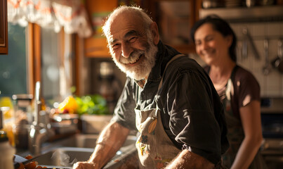 Fototapeta na wymiar An older man with a beard joyfully prepares food with a woman, Generative AI 
