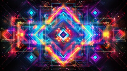 Electric blue and purple neon lights form a complex, symmetrical mandala pattern, evoking a sense of digital spirituality.