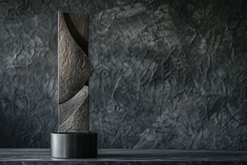 Craft an award trophy with minimalist sophistication, featuring clean lines and subtle textures that exude a sense of understated luxury and prestige against a backdrop of deep, inky blackness - obrazy, fototapety, plakaty