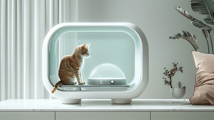 An inventive 3D rendering of an animal microchip integrated into a futuristic pet feeding station